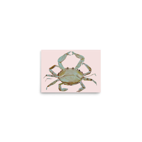 Whimsical blue crab on pale pink background art print