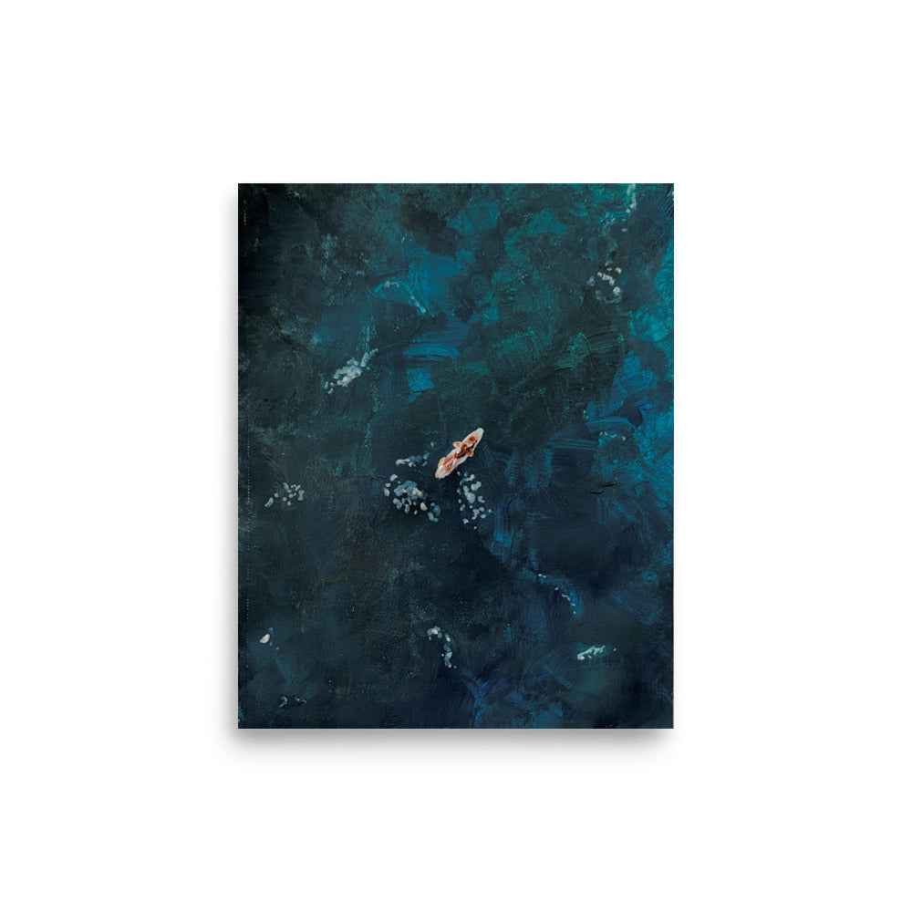 fine art print of a surfer in the deep moody sea