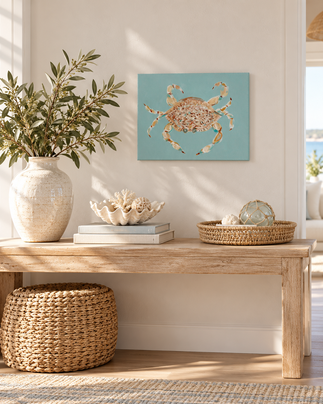 Original acrylic blue crab painting on a seafoam turquoise canvas, styled above a natural wood console table with coastal décor.